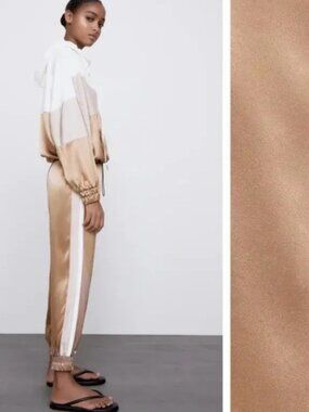 ZARA Champagne Satin Sporty Tuxedo Jogger Pants L